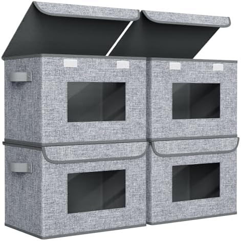Fabric Storage Bins with Lids for Clothes 4 Pack, Grey Linen
