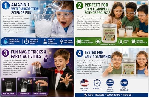 Super Absorbent Diaper Polymer – 1 lb Water Absorbing Powder for Kids Science Experiments, Magic Tricks, STEM Learning Activities, Instant Gel Science Project Supplies