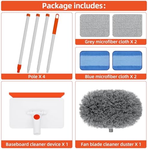 Baseboard Cleaner Tool with Handle, Extendable Long Handle Baseboard Cleaning Duster with Reusable Pads for Floorboard, Ceiling Fan Blade Cleaner Duster (Gray)