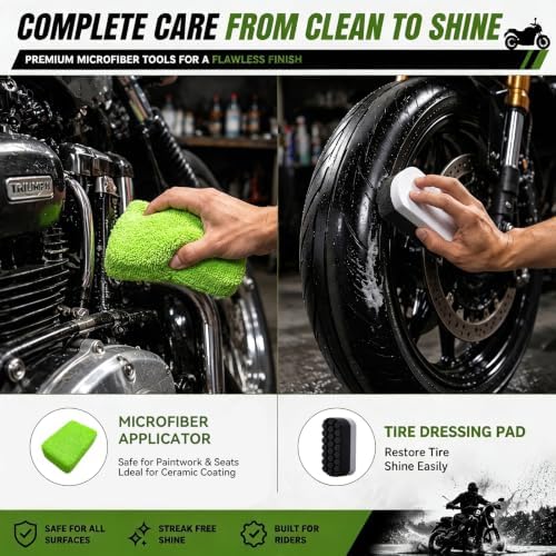Motorcycle Cleaning Kit - 11 Pc Professional Motorcycle Detailing & Wash Kit for Harley Davidson, Dirt Bike & Street Bikes, Complete Care Set with 3-Sided Chain Brush, Wheel Rim Brush & Storage Bag