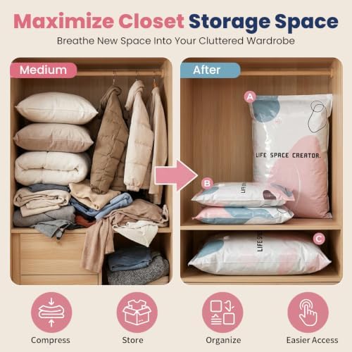 5PCS No Pump Vacuum Storage Bags, No Pump Large Vacuum Storage Compression Bags, Thick Airtight Reusable Organizer for Clothes Comforters Travel Moving Closet Storage (L)
