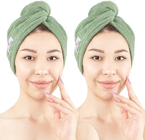 100% Cotton Hair Towels for Women, Head Towel Cap, Cotton Hair Turban Towel Wrap for Long Curly Anti Frizz Hair, Soft and Absorbent Cotton Hair Towels 2 Pack, Sage Green