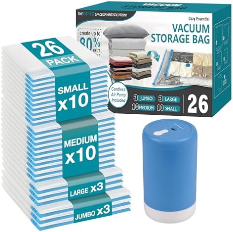 Travel Vacuum Storage Bags with Rechargeable Cordless USB Pump, 26 Combo