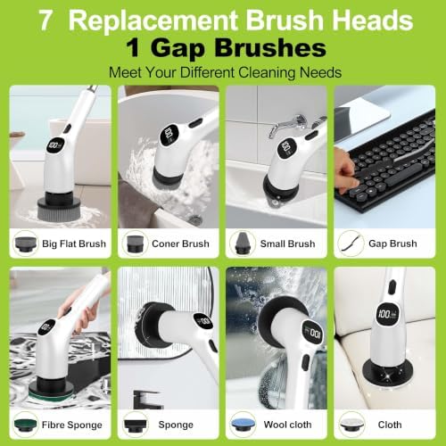 Electric Spin Scrubber - 10-in-1 Cordless Shower Scrubber & Cleaning Brush with Extendable Handle, 44 in-lbs Ultra High Torque, 2 Speeds, IPX7, LED Display, Smart AI Chip, for Bathroom, Kitchen