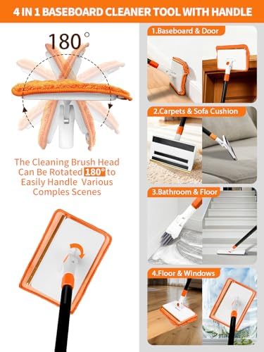 4-in-1 Baseboard Cleaning Tool with Extendable Handle 5 Reusable Pads 1 Carpet Rake Stiff Bristle Brush Multi-Surface Baseboard Brush for Cleaning Baseboard Wall Carpet Floor Bathroom Kitchen Pet Hair