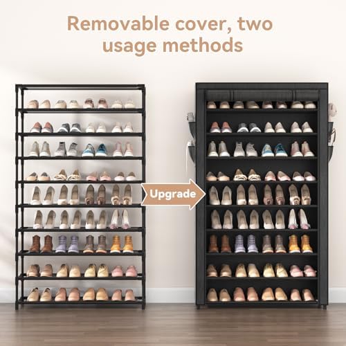 Shoe Rack with Covers - 10 Tiers Tall Shoe Rack Organizer Large Capacity Shoe Shelf Storage 40 Pairs Space Saving Vertical Shoe Storage Organizer for Closet, Entryway, Dorm, Bedroom