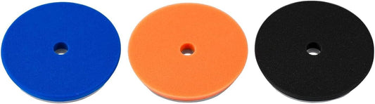 6.5" SDO Foam Buffing and Polishing Pad Kit (Set of 3) – Lake Country Manufacturing – Tapered Edge Pads – Blue Heavy Polishing, Orange Polishing