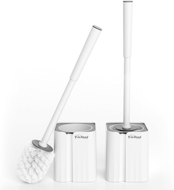 Y-in Hand Toilet Brush and Holder Set, 2 Pack Toilet Scrubber, Compact Size for Storage and Organization, Bathroom Accessorie, Easy to Assemble, Classic PP Bristle, Wall Mountable. - White