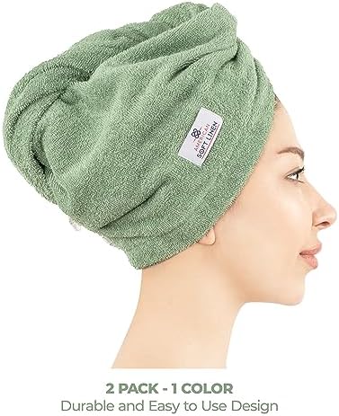 100% Cotton Hair Towels for Women, Head Towel Cap, Cotton Hair Turban Towel Wrap for Long Curly Anti Frizz Hair, Soft and Absorbent Cotton Hair Towels 2 Pack, Sage Green