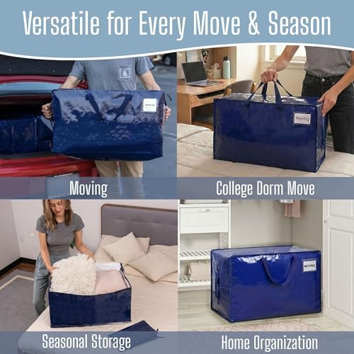 8 Pack Extra Large Heavy Duty Moving Bags with Wide Opening & Reinforced Handles, Reusable Storage Tote Bags with Strong Zippers for Clothes, College Dorm Essentials & Moving Supplies