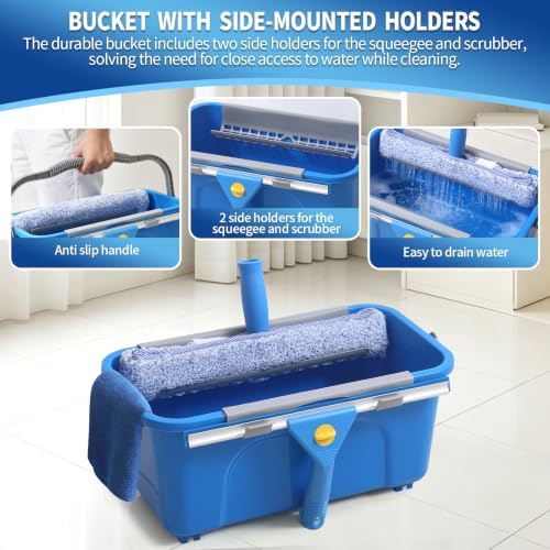 11PCS Window Cleaning Kit Washing Tool, Bucket 3 Gallon, 76 inch Long Handle Window Squeegee and Microfiber Scrubber,Equipped with Replaceable Squeegee and Scrubber for Home Business Use
