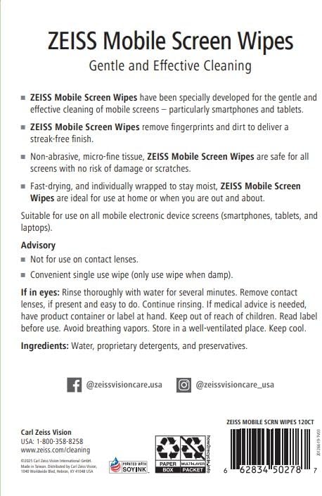ZEISS Pre-Moistened Wipes, Screen Cleaner, 120 Count