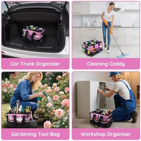 Large Cleaning Caddy Bag with Handle, Built-in Sturdy Support Board, Adjustable Shoulder Strap, Multi-compartment Design Cleaning Supply Tote for Cleaners & Housekeepers (Pink)