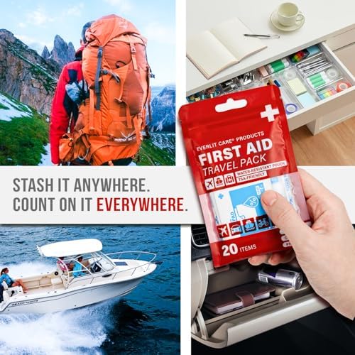 Travel Bandage Pack | 12 Individual Packets, Bulk Portable Mini First Aid Kit with 20 On-the-Go Essentials | Compact Water-Resistant Reusable Pouch to Clean, Cover & Protect
