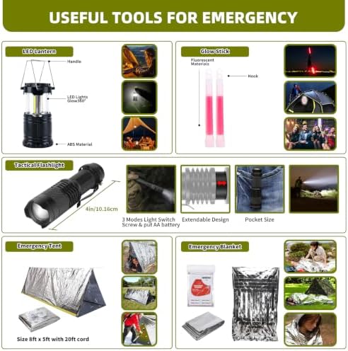 260Pcs Emergency Survival Kit, Full First Aid Supplies with Thermal Emergency Tent, Waterproof MOLLE Backpack, Emergency Gear for Car Earthquake Hiking Camping, Ideal Gift for Men, Dad