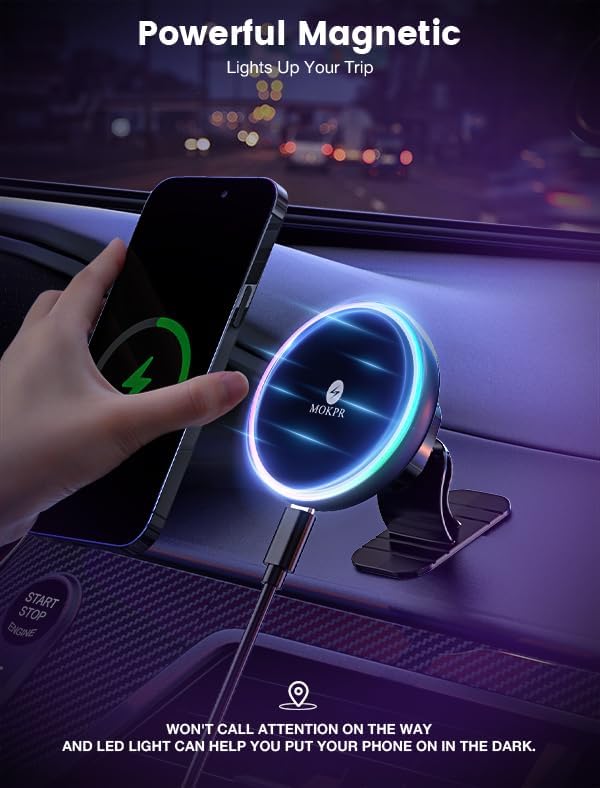 For Magsafe Car Mount Charger 15W LED RGB Car Phone Holder for Dash Vent