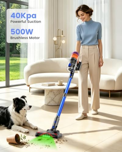Cordless Vacuum Cleaner, Vacuum Cleaners for Home 500W 40KPa 120Mins with 2 Batteries, Anti-Tangle Rechargeable Lightweight Stick Vacuum with Green Light for Pet Hair/Carpet/Hardwood Floor Blue
