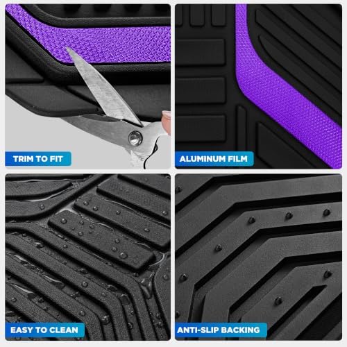 Heavy Duty Rubber Floor Mats, Purple Aluminum Film Car Mats Set, Front and Rear Car Mats with Anti-Slip Backing, All Weather Protection, Trim-to-Fit for Automotive SUV, Sedan, Van