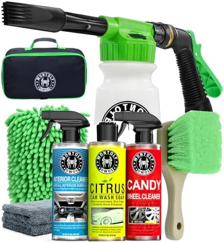 CWK188 Car Wash Kit with Foam Gun, Car Wash Soap, Interior Detailer Cleaner, Wheel Cleaner, Car Care Cleaning Detailing Kit for Cars Trucks RVs SUVs Motorcycles (Works w/Garden Hose), 10 Items