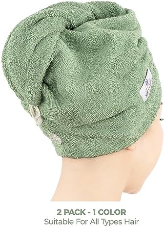 100% Cotton Hair Towels for Women, Head Towel Cap, Cotton Hair Turban Towel Wrap for Long Curly Anti Frizz Hair, Soft and Absorbent Cotton Hair Towels 2 Pack, Sage Green