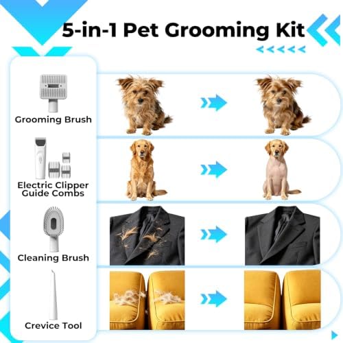 Dog Grooming Vacuum Kit, 5-in-1 Pet Hair Vacuum with Clipper
