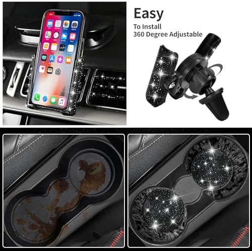 23 PCS Bling Diamond Car Accessories Set for Women, Leather Seat Covers Full Set Floor Mats Steering Wheel Cover, Coasters Seat Belt Covers Phone Holder Universal Fit Car SUV Truck Van Black
