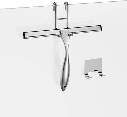 Shower Squeegee and Window Squeegee, Stainless Steel, 100% Streak-Free, Cleaner for Bathroom Showers Glass Doors, Home Mirrors, Car Windows Wiper, Adhesive Holder, Shower Door Hook, 10 Inch, Silver