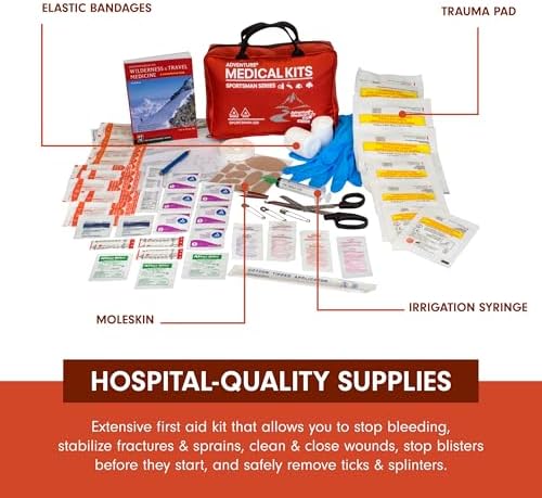 Sportsman Series Medical Kit - 200 - First Aid Kit for Camping, Hiking, Hunting & More - For 4 People for 4 Days - Includes Bandages, Medicine, Guide Book & More