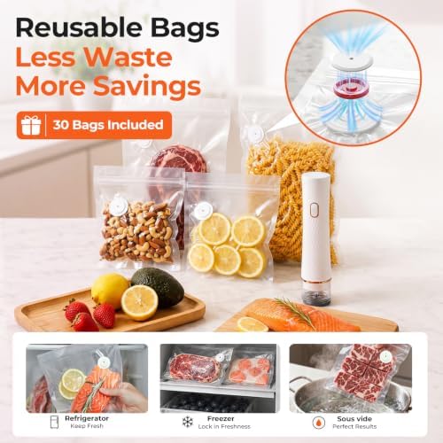 Handheld Vacuum Sealer for Food with 30 Reusable Vacuum Sealer Bags