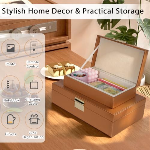 Decorative Storage Box Set of 2, PU Leather Organizer for Home Decor Brown