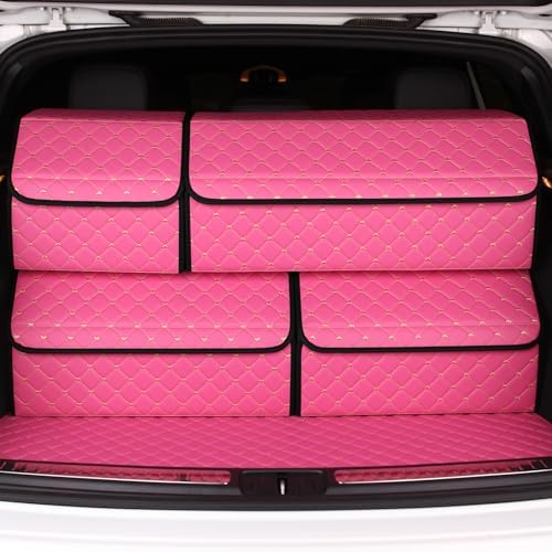 Car organizers and storage for SUV,trunk organizer for sedan, leather foldable sleek box with lid,collapsible cargo bins, tool accessories containers,Pink women (21.65 inch)