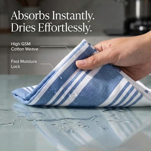 Cotton Kitchen Towels Dishtowels Set of 6 20x30 In- Blue/White