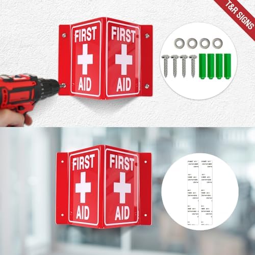First Aid Sign, First Aid with Cross Symbol - 4 Pack - 8 x 6 Inches Acrylic, 4 pre-drilled holes, Includes Matching Screws, Use for Office/Business
