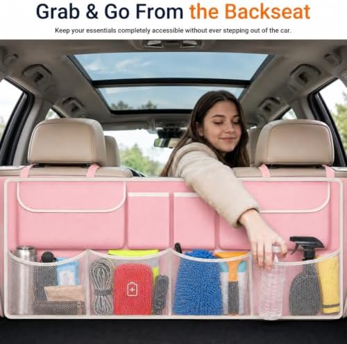 Car Trunk Organizer, Large Capacity Backseat Trunk Storage Organizer with 8 Pockets, Foldable SUV Cargo Organizer for SUV, Truck, Van & MPV, Black (Pink)