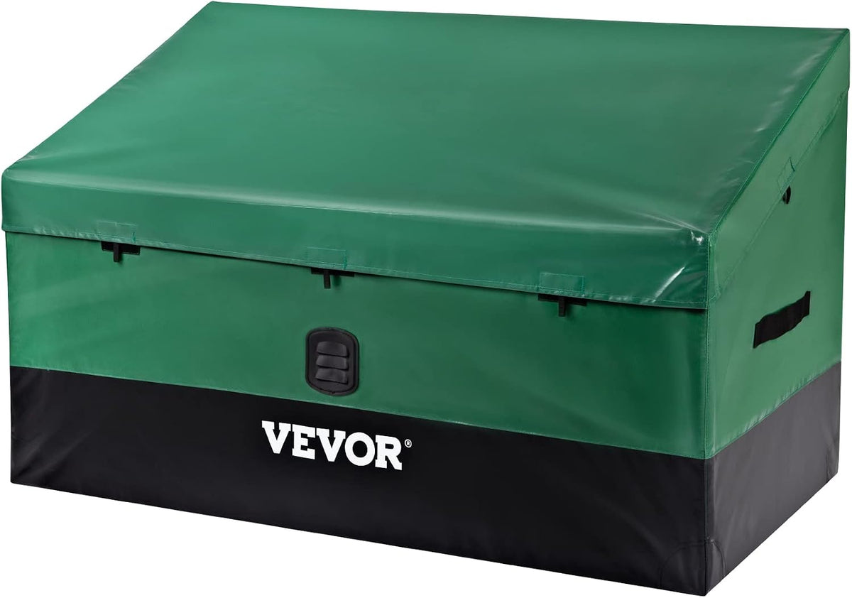 Outdoor Storage Box, 150 Gallon Waterproof PE Tarpaulin Deck Box w/Galvanized Frame, All-Weather Protection & Portable, for Camping, Garden, Poolside, and Yard, Black & Green