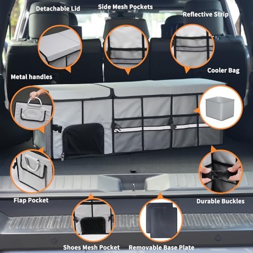 Car Trunk Organizer and Storage with Separate Compartment for 1 Pair of Shoes, Heavy Duty with Lid & Removable Leakproof Cooler Bag, Collapsible Large Trunk Organizers for SUV Sendan (Grey)