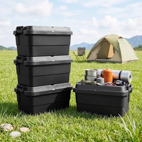 52 QT Storage Bins with Lids, Heavy Duty, Black, Stackable, 4-Pack