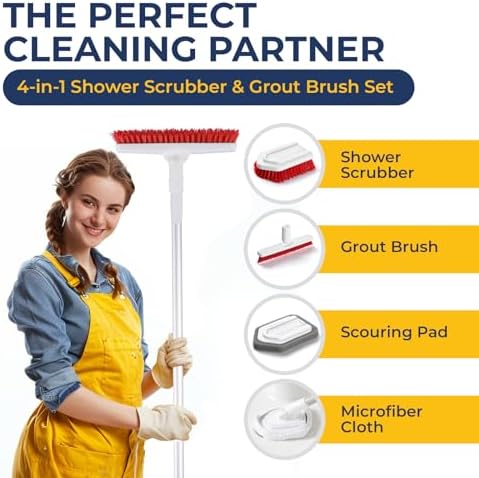 Shower Scrubber with Long Handle, Stiff Bristles Grout-Brush, Tub Scrub-Brush with Long-Handle, Shower-Cleaner Brush