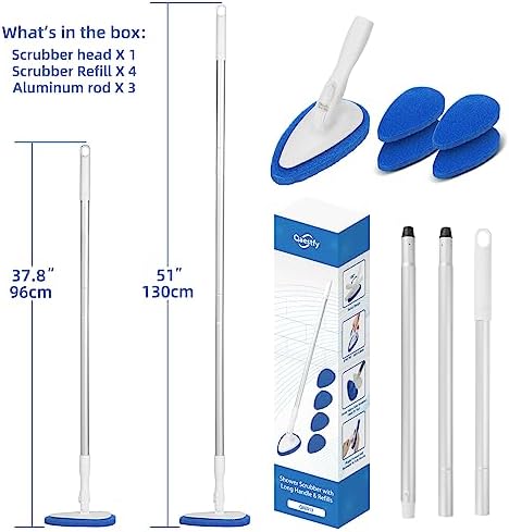 Shower Bathtub Tub Tile Scrubber Cleaning Brush with 51'' Handle, 5 Non-Scratch Scouring Pads, Adjustable Long Handled Scrub Brush for Cleaning Shower Bathroom Vessel Sinks Toilet Wall Floor