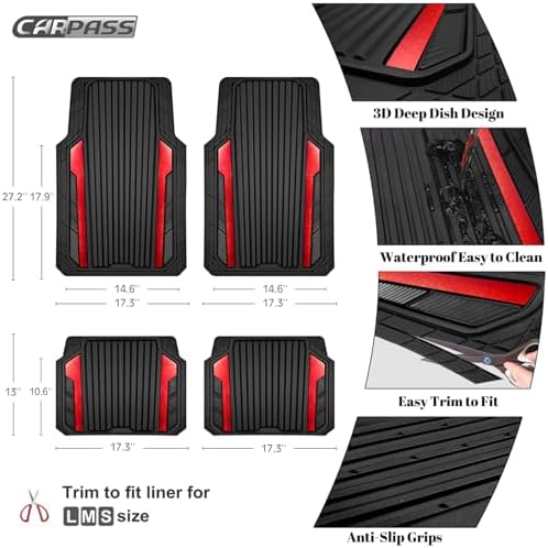 Heavy Duty Rubber Car Mats Metallic, Aluminum Film All Weather Floor Mats Waterproof Universal Trim to Fit Automotive SUV Sedan Van 4 Piece Anodized Deep Dish Two-Tone Sporty Black Red Chrome