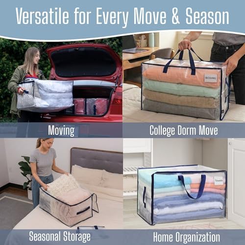 4 Pack Clear Extra Large Moving Bags & Storage Totes, Heavy Duty Organizer with Reinforced Handles & Strong Zippers for Clothes, College Dorm Essentials, Moving Supplies