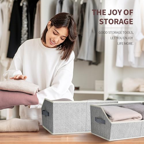 Closet Organizers Bins 6 Packs - Large Closet Shelf Organizer with Handles, Fabric Trapezoid Storage Bins, Collapsible Storage Cubes for Clothes, Towels, Light Gray
