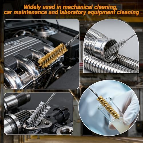 16Pcs Tube Cleaning Brush, Brass Stainless Steel Engine Cleaning Brushes, 12 Inch Long Round Wire Pipe Cleaner for Deep Pipes, Auto Parts, Engine Parts, 8 Sizes