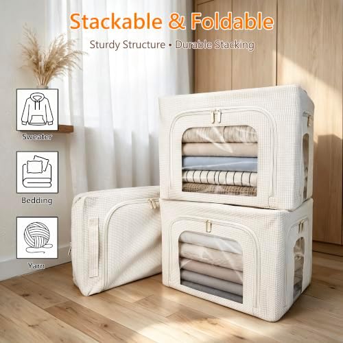 Clothes Storage Bins with Heavy-Duty Metal Frame, 3 Openings, 40L