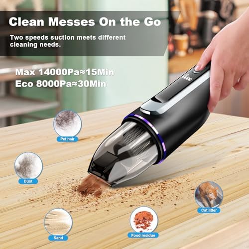 Handheld Vacuum Cordless, Car Vacuum with Brushless Motor & 14000Pa Powerful Suction,1.2Lbs Lightweight, LED Light, Slim Mini Vacuum Cleaner for Car Home Office Pet Hair