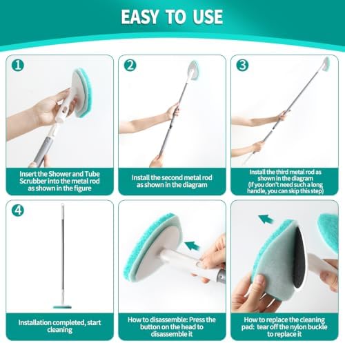 Professional Shower Scrubber with Long Handle, Shower Cleaner Brush, Shower and tub Scrubber with 10 PCS Non-Scratch Scouring Pads for Bathroom Shower and tub