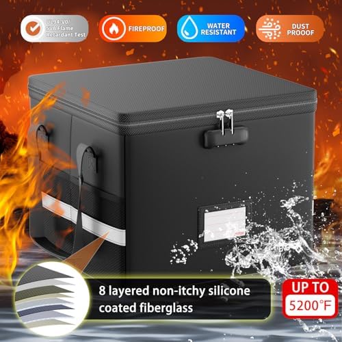 5200°F Fireproof Document Box with Lock, Heat Insulated Collapsible File Storage Organizer with Handle, Portable Home Office File Cabinet for Hanging Letter/Legal Size Folder, Black