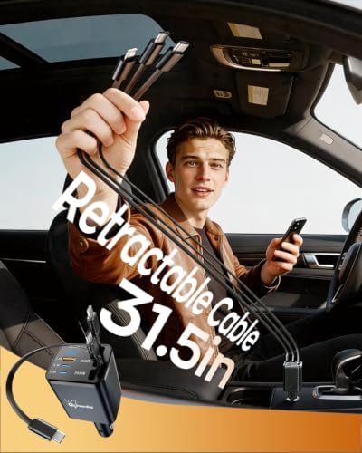 Retractable Car Charger,108W 6 in 1 Super Fast Charge Car Phone Charger with 3 Cords 31.5INCH,Gifts for Men Women Car Truck Accessories for iPhone 18/17/16/15/14/13 Pro Max XR,iPad,Samsung