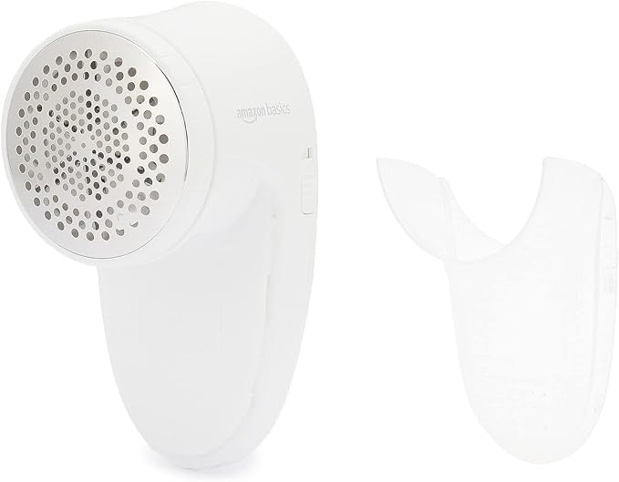 Amazon Basics Battery Operated Fabric Shaver for Clothes, Remove Pilling, Lint and Fuzz Removal, 6-Leaf Blades with Safety Lock, Portable, Includes 2 Spare Blades, White