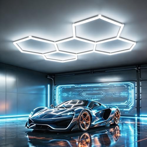 Hexagon Garage Light, 168W 6500K Super Bright Honeycomb LED Ceiling Light, DIY Hex Lights for Warehouse Workshop Gym Barbershop Car Detailing Auto Beauty (5 Grids)